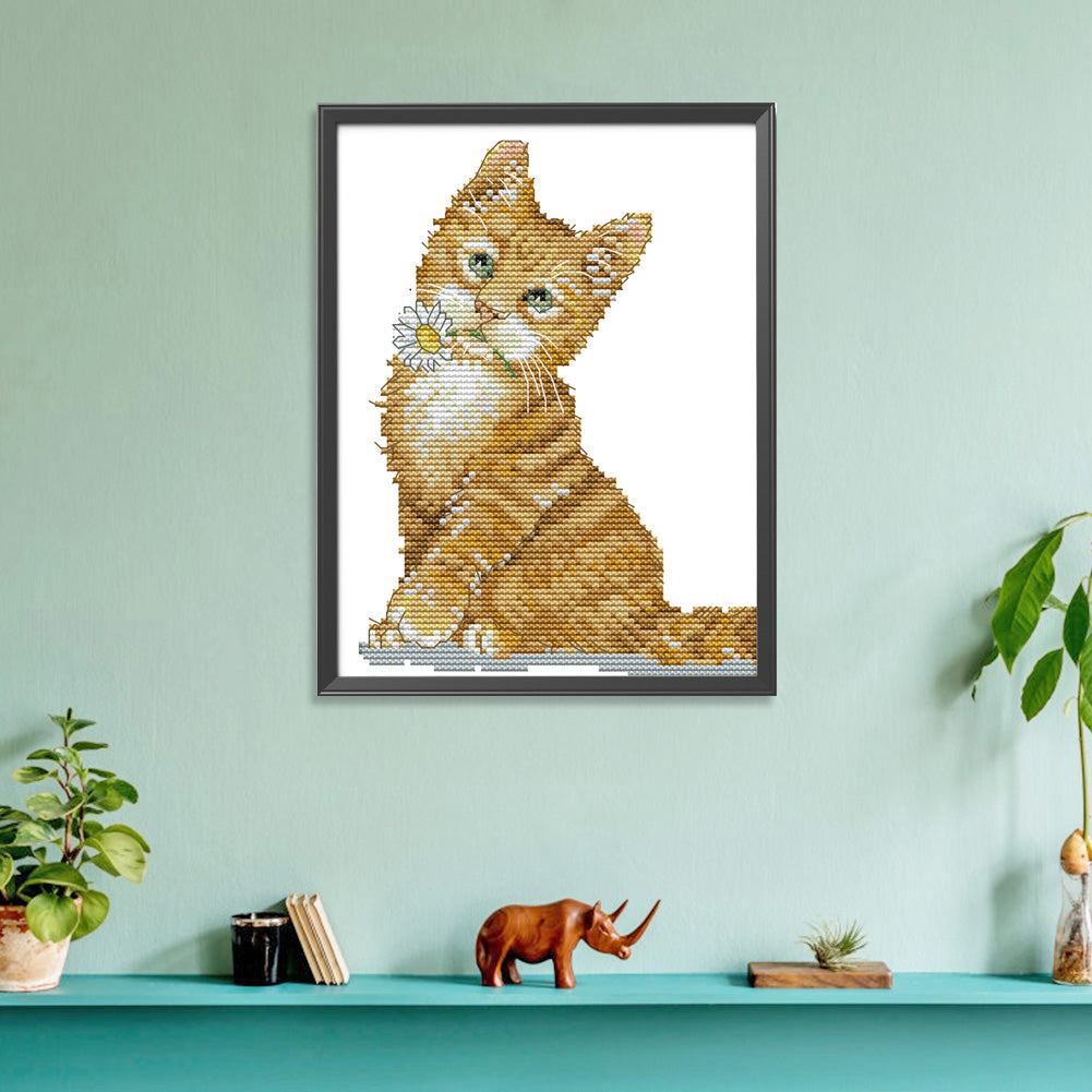 Flower Cat - 14CT Stamped Cross Stitch 17*21CM