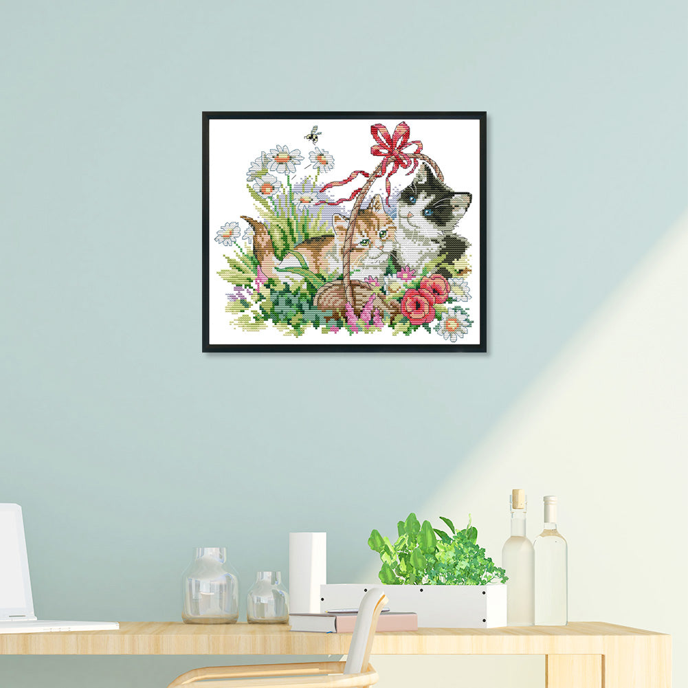 Spring Kitties - 14CT Stamped Cross Stitch 30*26CM