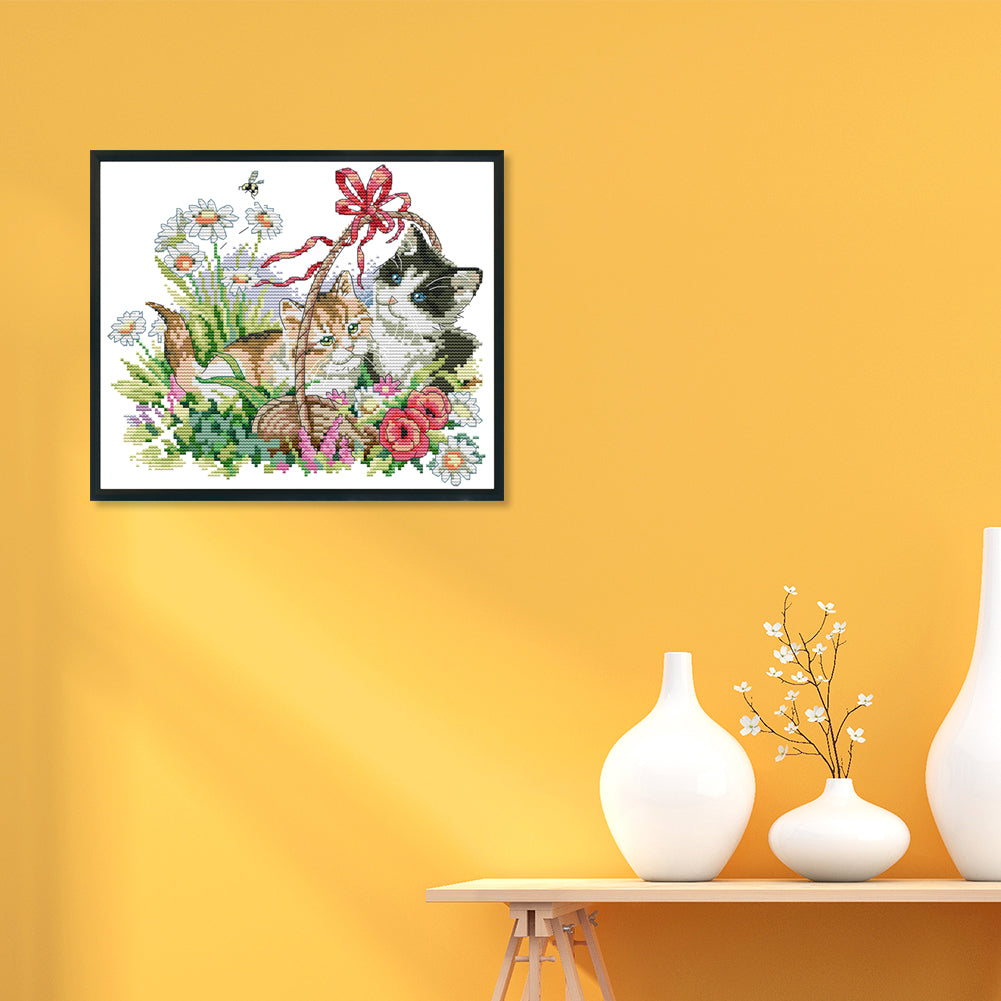 Spring Kitties - 14CT Stamped Cross Stitch 30*26CM