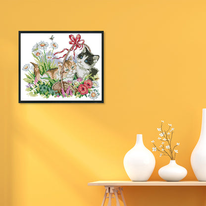 Spring Kitties - 14CT Stamped Cross Stitch 30*26CM
