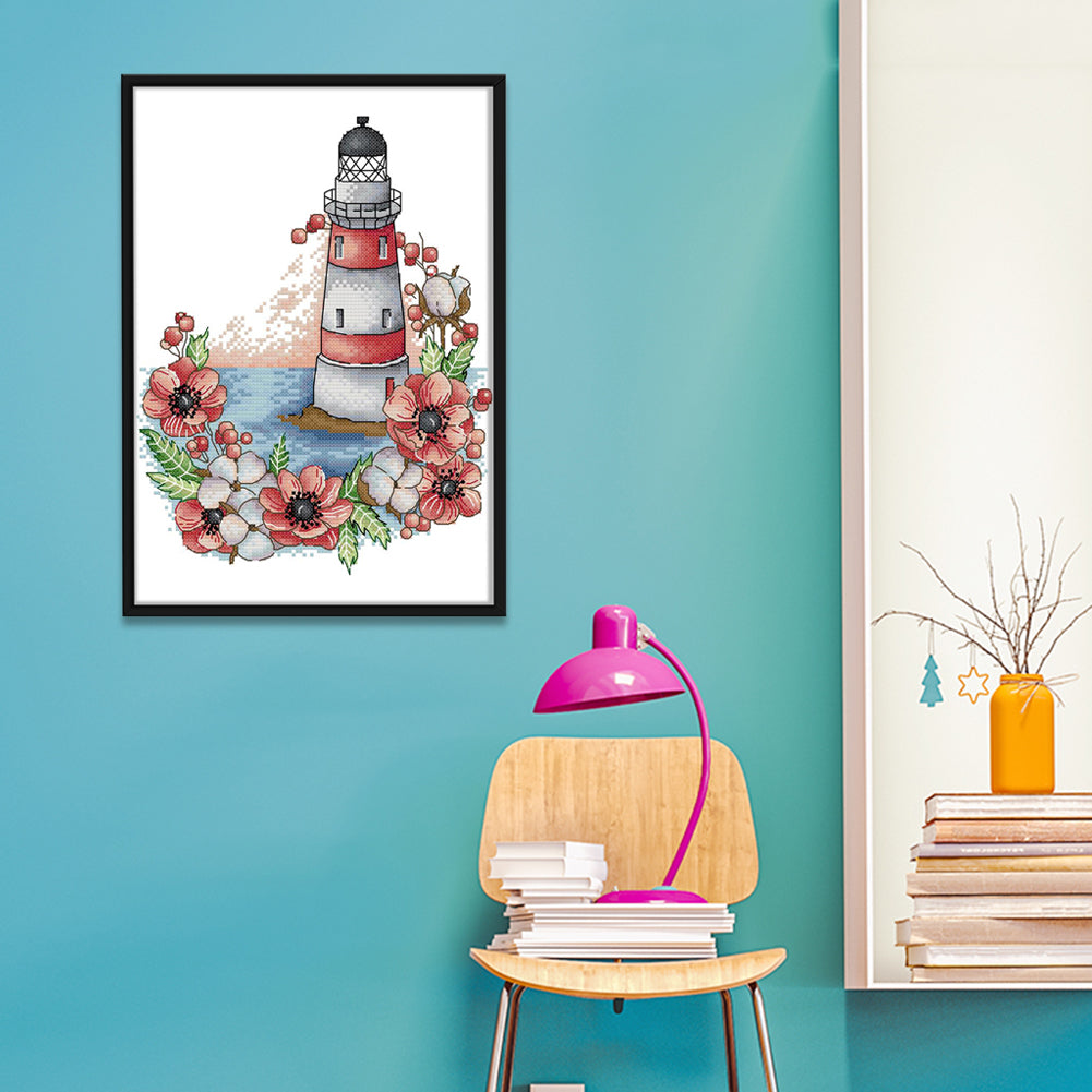 Flowers Lighthouse - 14CT Stamped Cross Stitch 22 *30CM