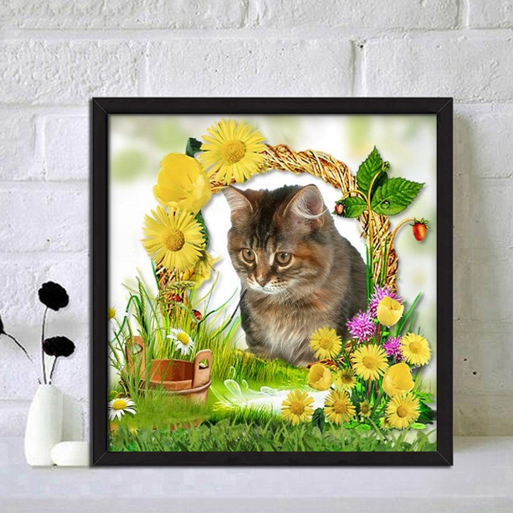 Cat Flowers - Full Round Drill Diamond Painting 30*30CM
