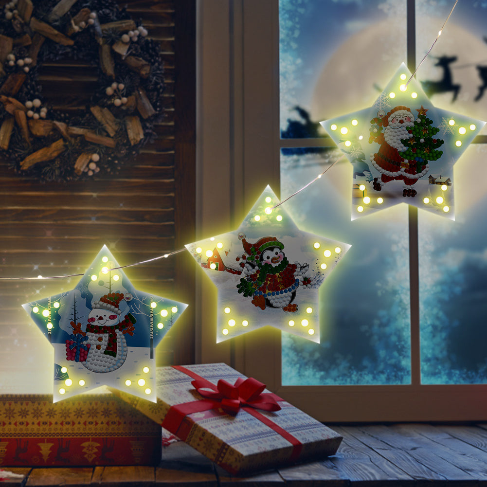 5D DIY Diamond Painting Christmas Tree Ornaments LED Hanging Star Lights