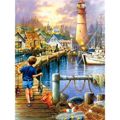 Fishing Children - Full Round Drill Diamond Painting 30*40CM