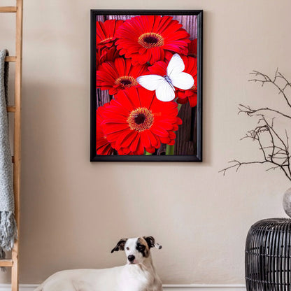 Red Flower White Butterfly - Full Round Drill Diamond Painting 30*40CM
