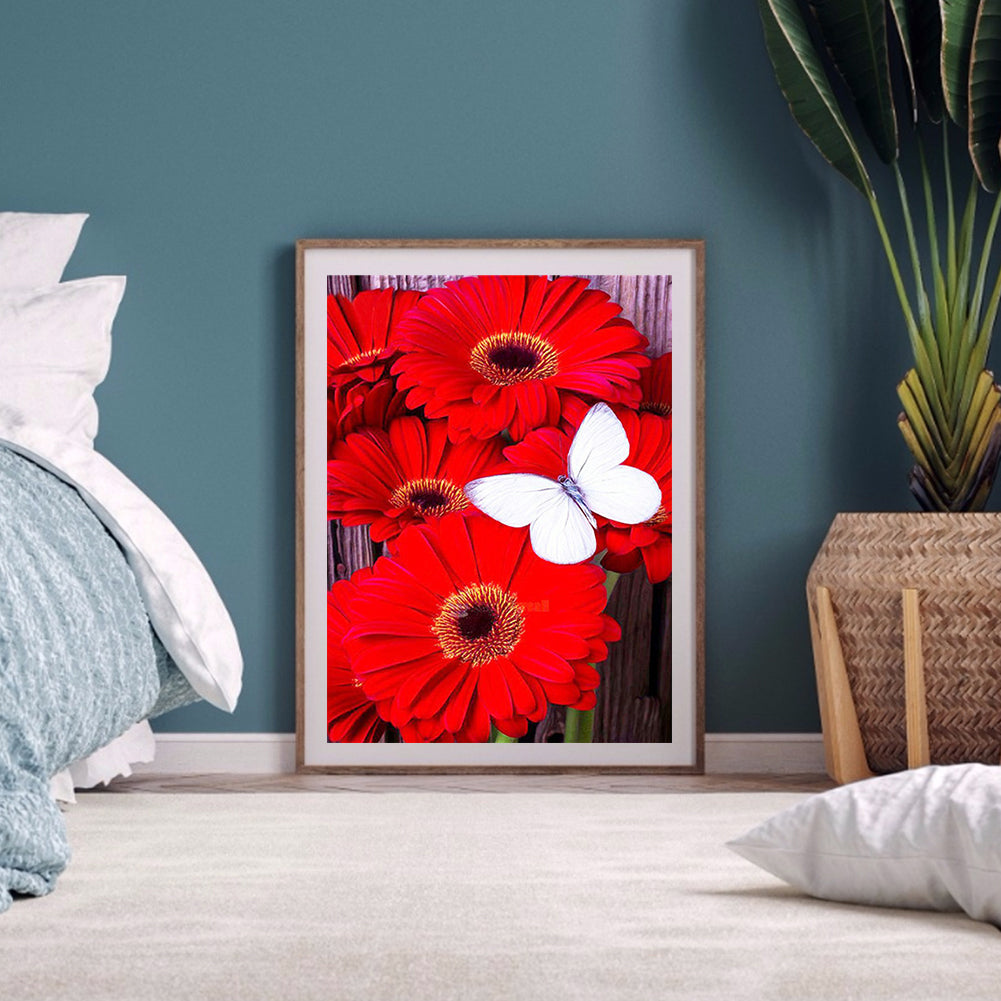 Red Flower White Butterfly - Full Round Drill Diamond Painting 30*40CM