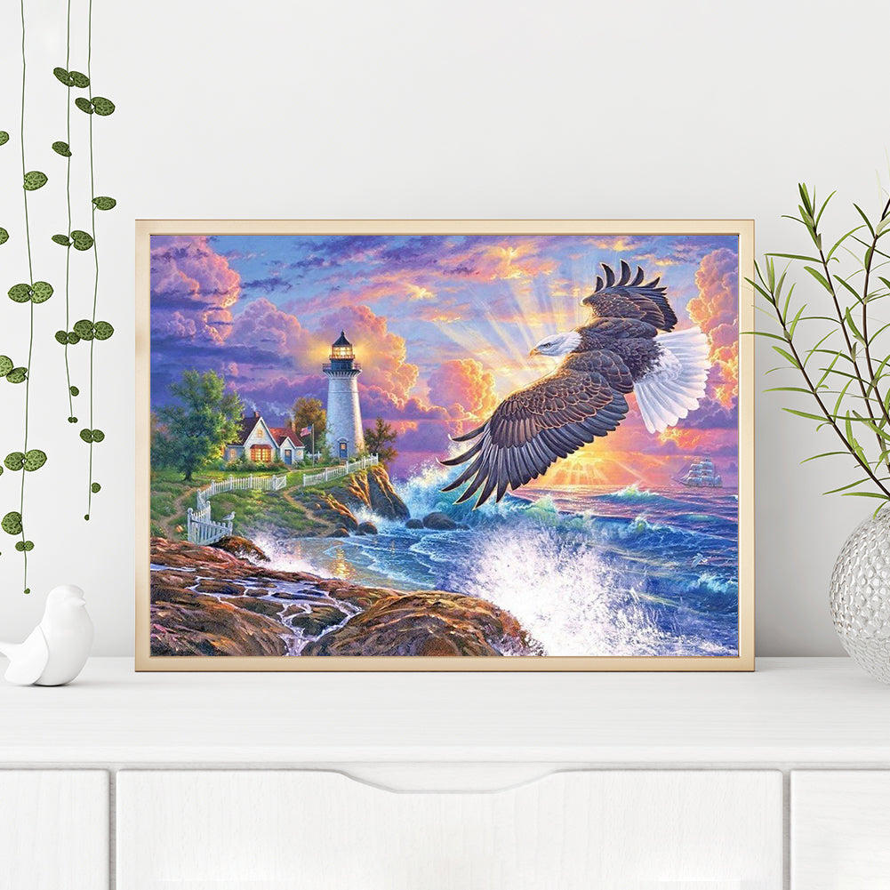 Eagle Seaside Lighthouse Scenery - Full Round Drill Diamond Painting 60*50CM