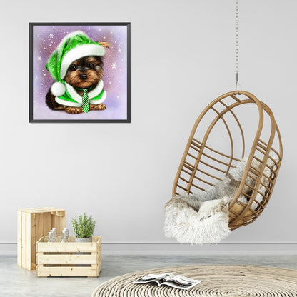 Green Hat Puppy 30*30CM(Canvas) Full Round Drill Diamond Painting