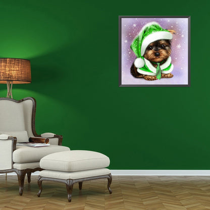 Green Hat Puppy 30*30CM(Canvas) Full Round Drill Diamond Painting