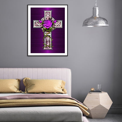Cross Purple Flowers - Full Round Drill Diamond Painting 30*40CM