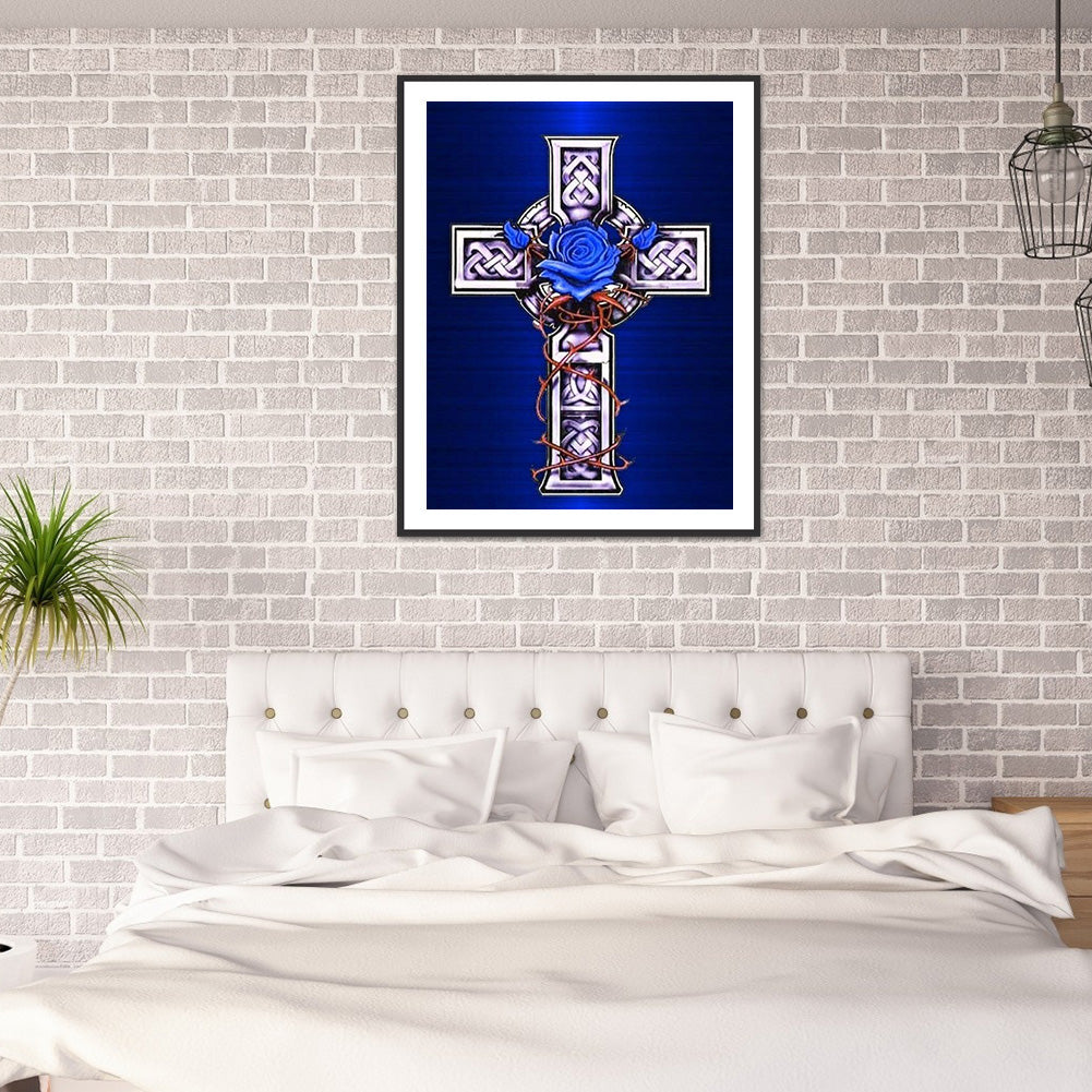 Cross Blue Flowers - Full Round Drill Diamond Painting 30*40CM