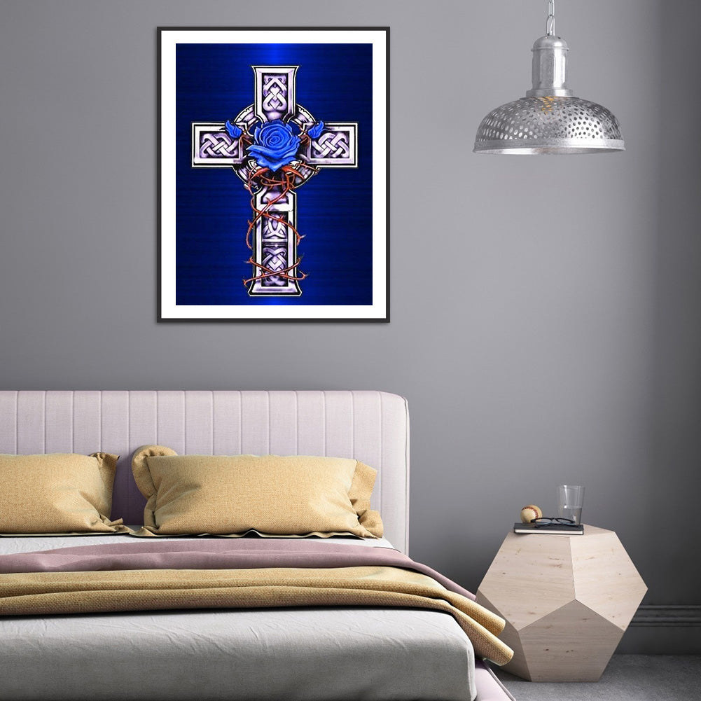Cross Blue Flowers - Full Round Drill Diamond Painting 30*40CM