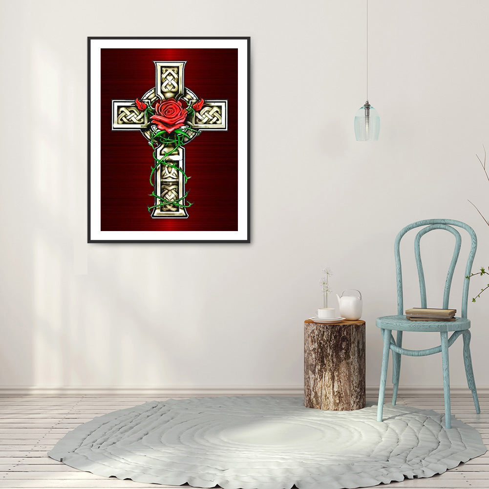 Cross Red Flowers - Full Round Drill Diamond Painting 30*40CM
