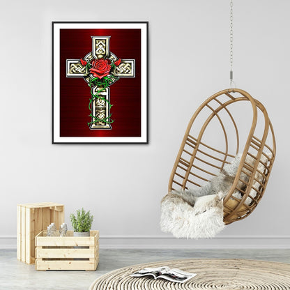 Cross Red Flowers - Full Round Drill Diamond Painting 30*40CM