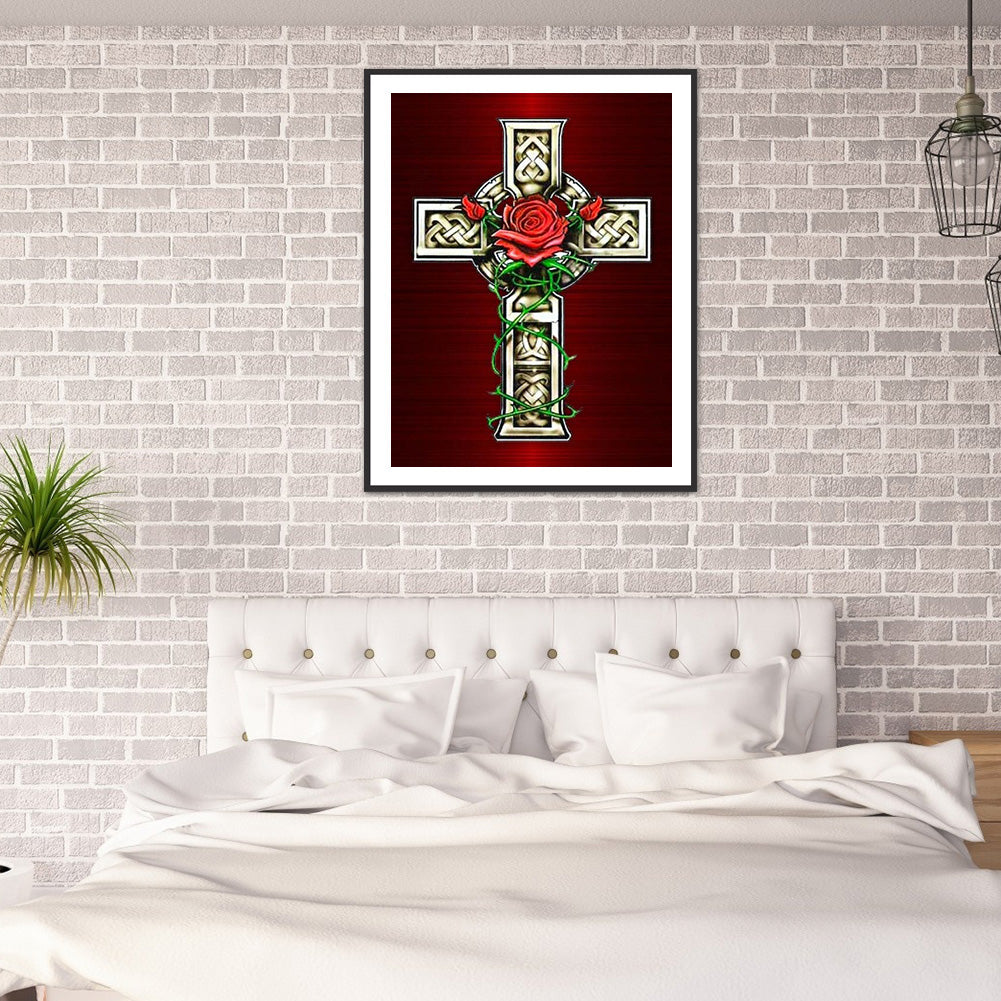 Cross Red Flowers - Full Round Drill Diamond Painting 30*40CM