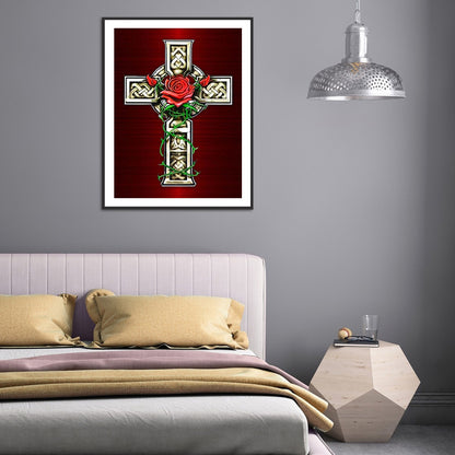 Cross Red Flowers - Full Round Drill Diamond Painting 30*40CM