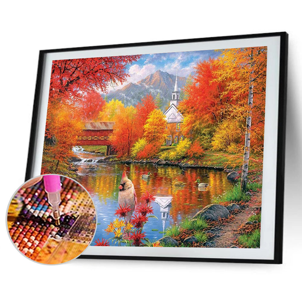 Autumn Lake View - Full Round Drill Diamond Painting 40*30CM