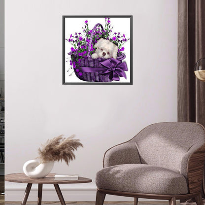Flower Basket Puppy - Full Round Drill Diamond Painting 30*30CM