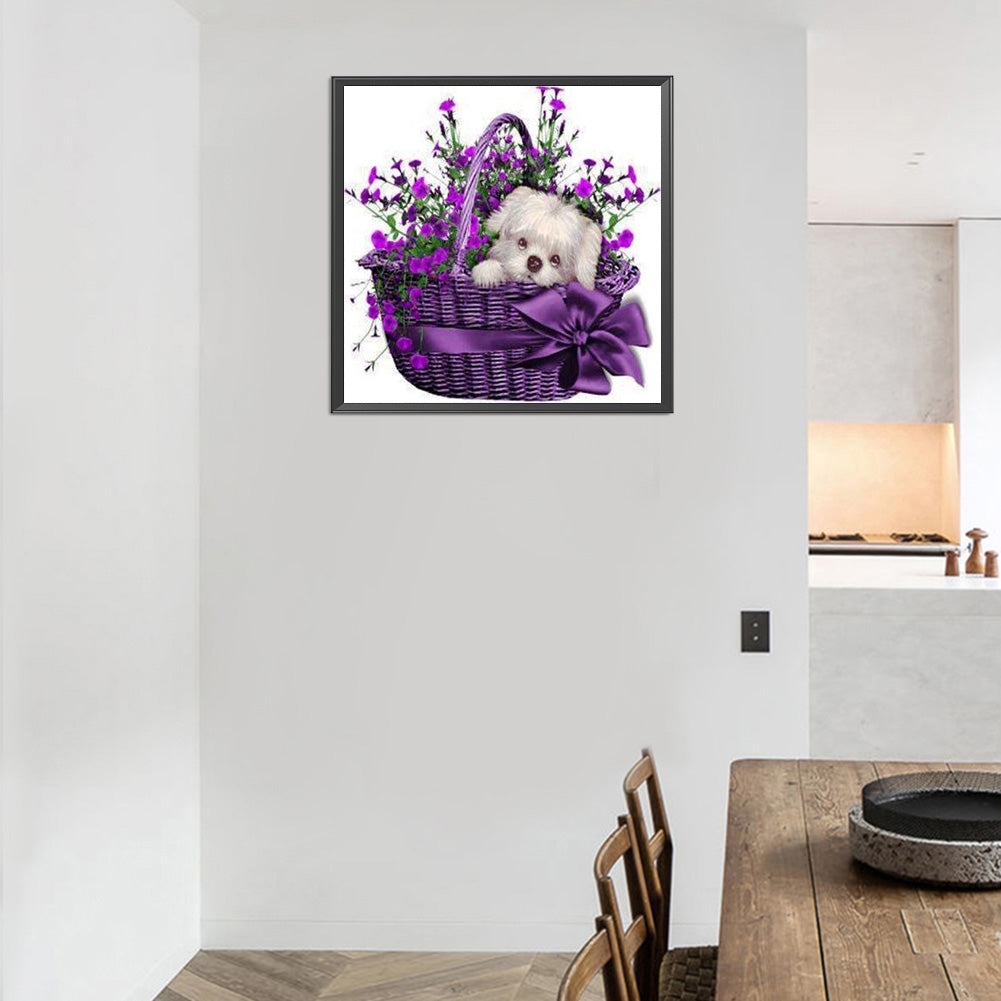 Flower Basket Puppy - Full Round Drill Diamond Painting 30*30CM