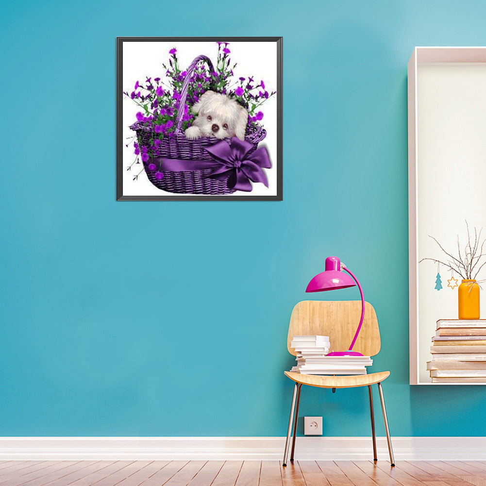 Flower Basket Puppy - Full Round Drill Diamond Painting 30*30CM