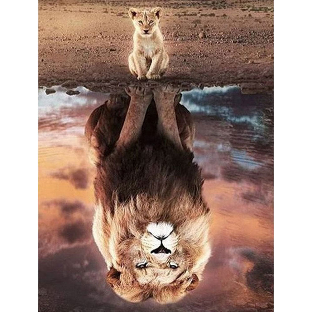 Cat Reflection Lion - Full Round Drill Diamond Painting 30*40CM