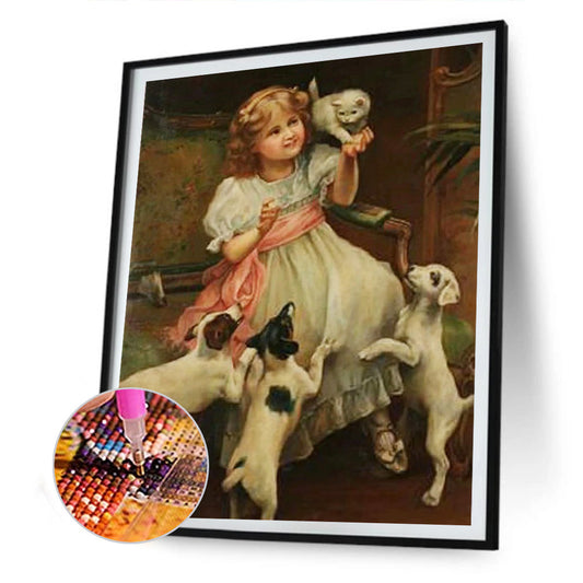Little Girl And Puppy - Full Round Drill Diamond Painting 30*40CM