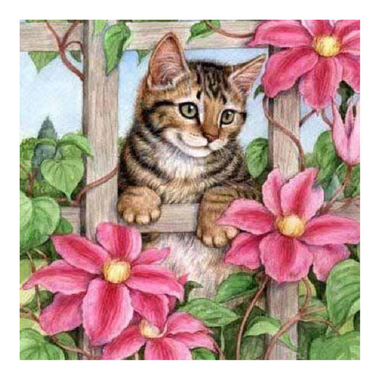 Tabby Cat On Flower Stand - Full Square Drill Diamond Painting 50*50CM