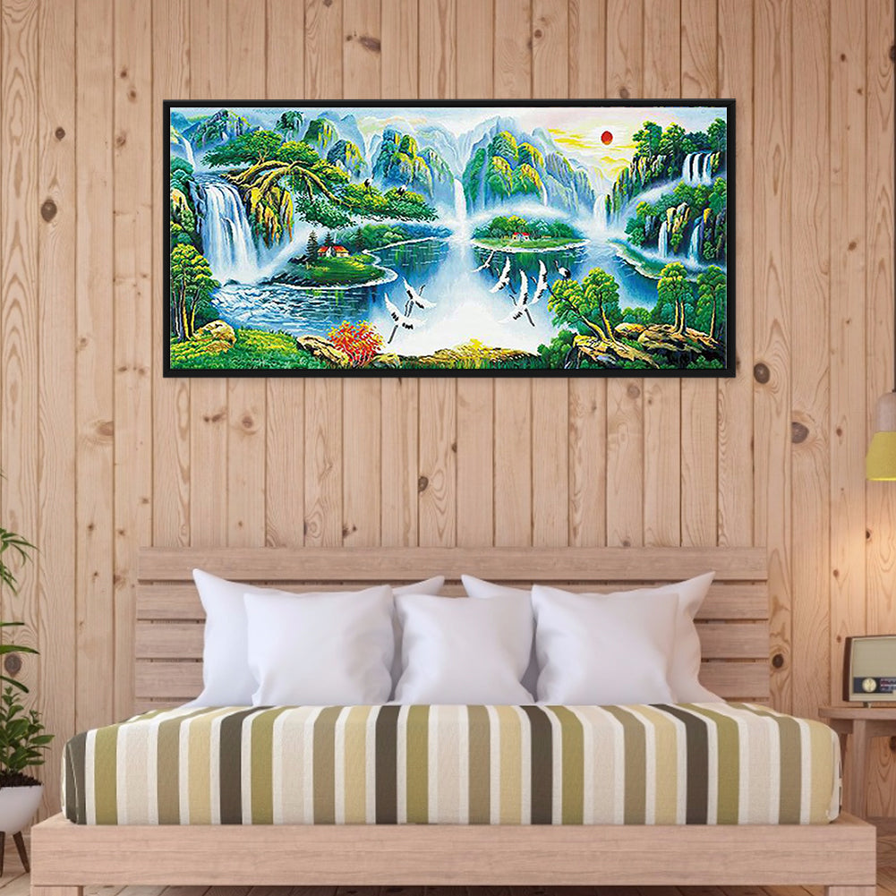 Crane Dance Landscape - Full Round Drill Diamond Painting 110*50CM