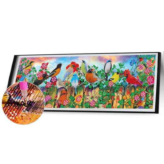 Flowers And Birds On The Fence - Special Shaped Drill Diamond Painting 80*30CM