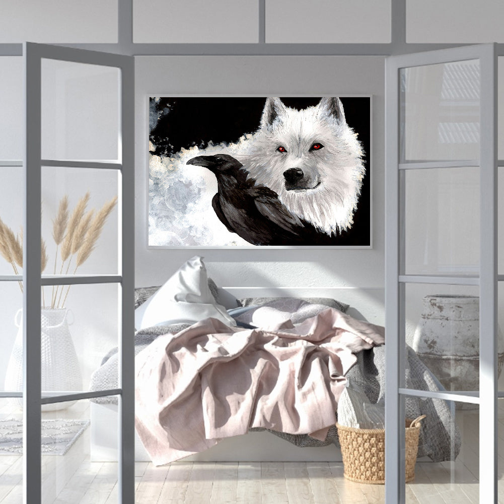White Wolf And Black Crow - Full Round Drill Diamond Painting 40*30CM