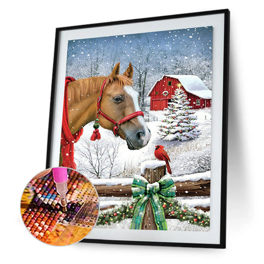 Christmas Snow Scene With Horses 30*40CM(Canvas) Full Square Drill Diamond Painting