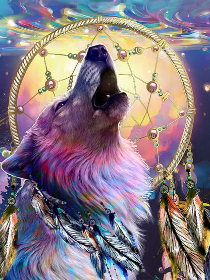 Wolf Howling Dream Catcher - Full Round Drill Diamond Painting 40*50CM