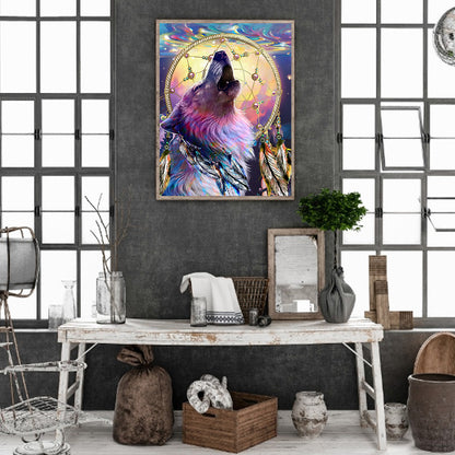 Wolf Howling Dream Catcher - Full Round Drill Diamond Painting 40*50CM
