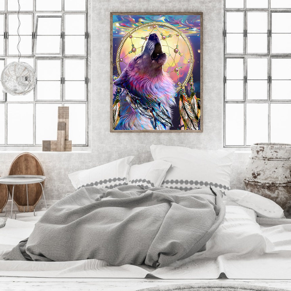 Wolf Howling Dream Catcher - Full Round Drill Diamond Painting 40*50CM