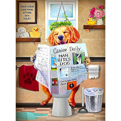 Golden Retriever Sitting On Toilet - Full Square Drill Diamond Painting 30*40CM