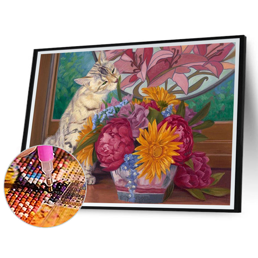 Playing With Flower Kittens 40*30CM(Canvas) Full Round Drill Diamond Painting