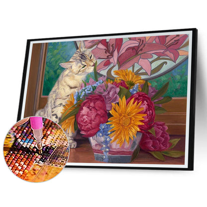 Playing With Flower Kittens - Full Round Drill Diamond Painting 40*30CM