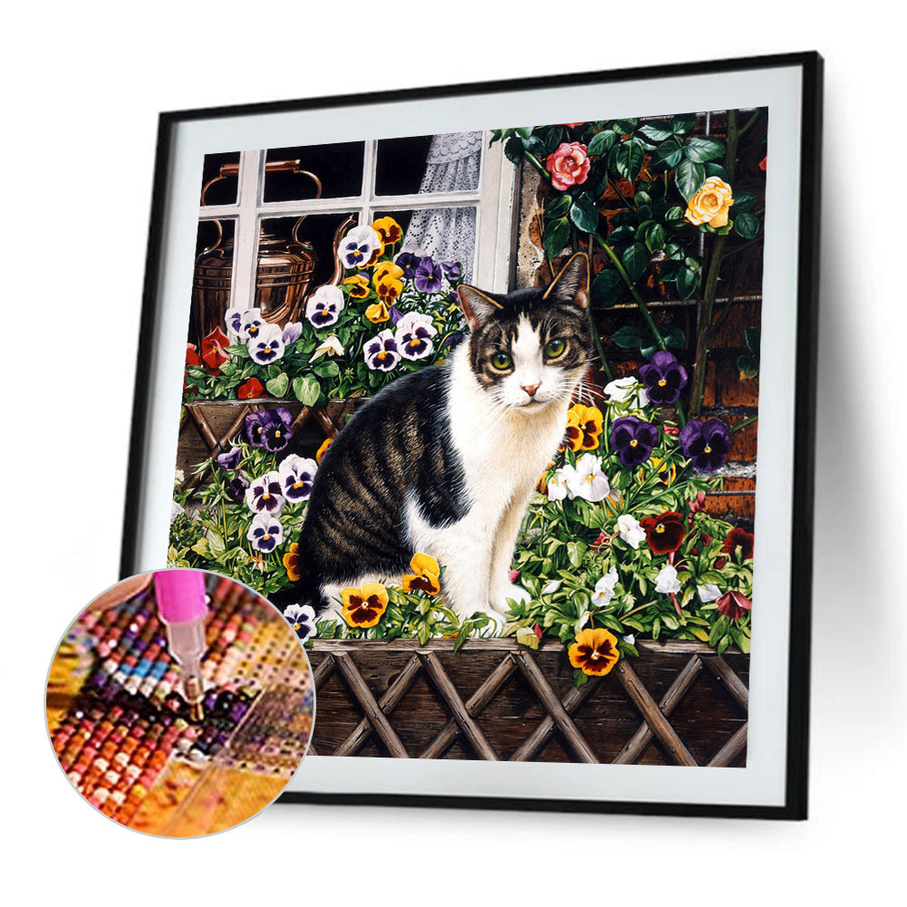 Cow Cat On Flower Stand - Full Round Drill Diamond Painting 40*40CM