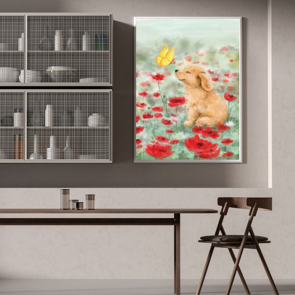 Puppy In The Flowers - Full Round Drill Diamond Painting 30*40CM