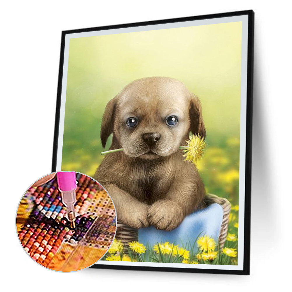 Puppy In The Flowers - Full Round Drill Diamond Painting 30*40CM