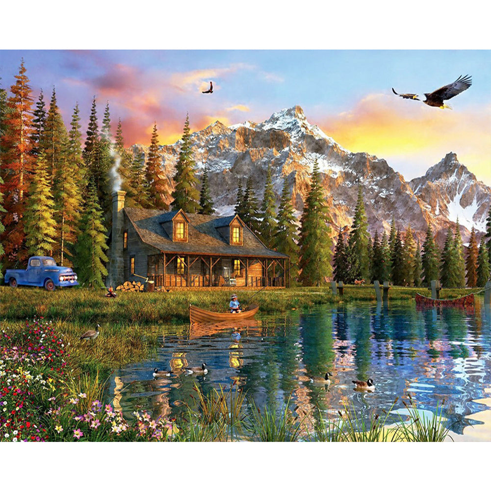 Lake Scenery Under Snow Mountain - Full Round Drill Diamond Painting 50*40CM