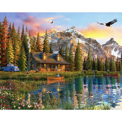 Lake Scenery Under Snow Mountain - Full Round Drill Diamond Painting 50*40CM