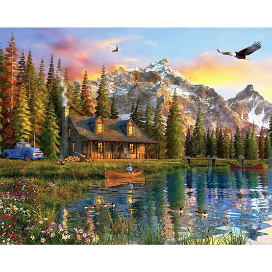 Lake Scenery Under Snow Mountain - Full Round Drill Diamond Painting 50*40CM