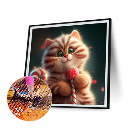 Red And White Striped Cute Kitten - Full Round Drill Diamond Painting 30*30CM