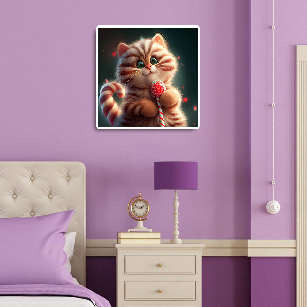 Red And White Striped Cute Kitten - Full Round Drill Diamond Painting 30*30CM