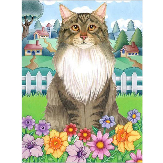 Cat In The Flowers - Full Round Drill Diamond Painting 30*40CM