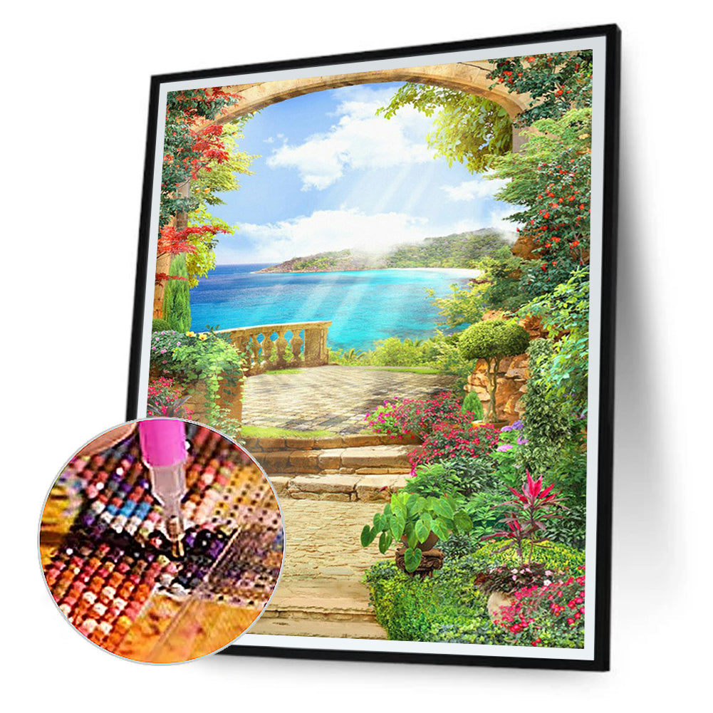 European Arch Seaside Scenery - Full Round Drill Diamond Painting 30*40CM