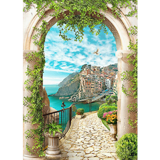 European Arch Seaside Scenery - Full Round Drill Diamond Painting 30*40CM