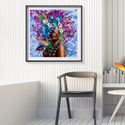 Black Woman With Flower - Full Round Drill Diamond Painting 40*40CM