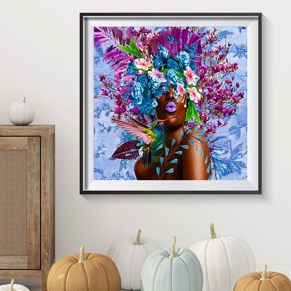 Black Woman With Flower - Full Round Drill Diamond Painting 40*40CM